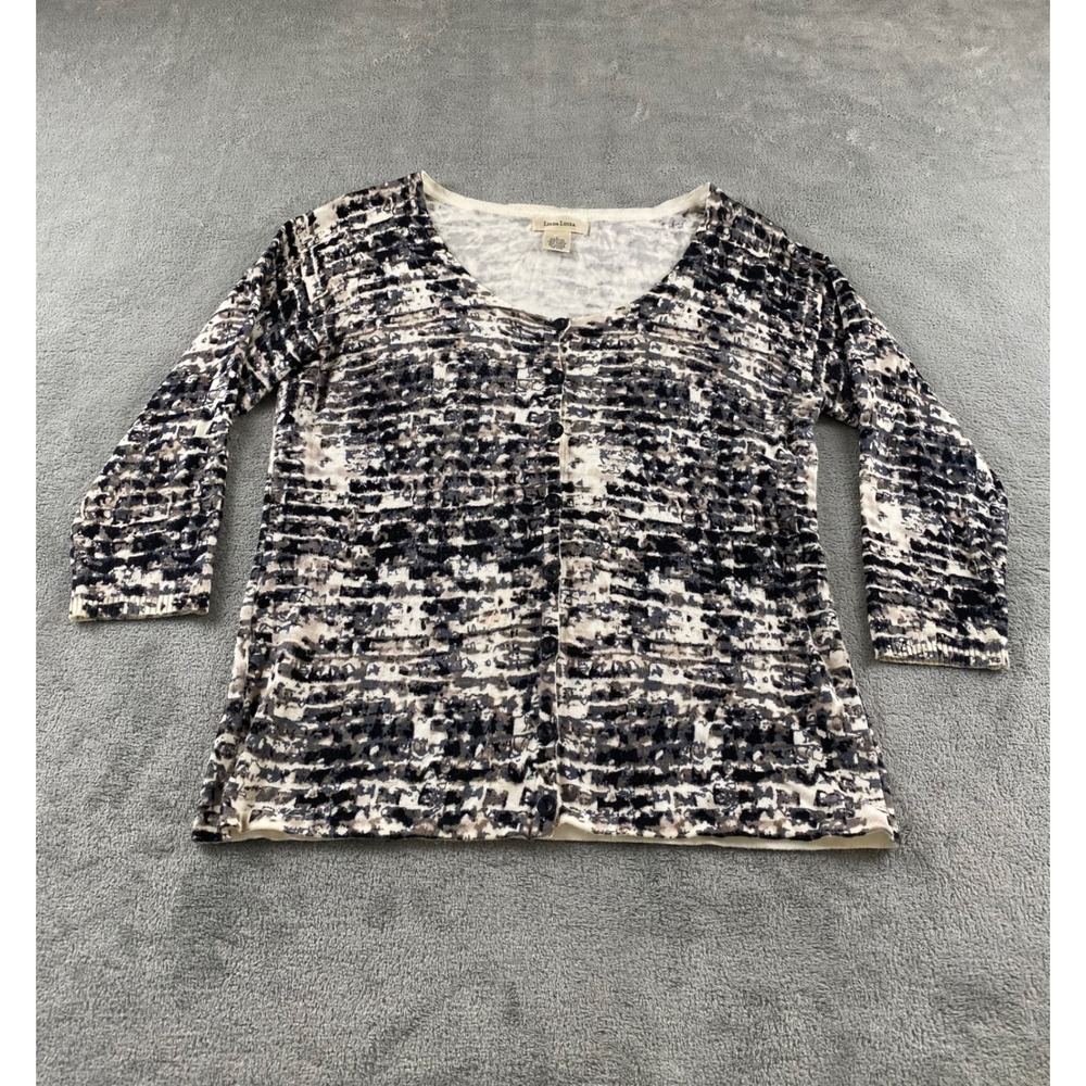 Linda Lucia Womens Large‎ Abstract Print Button Front Cardigan Black Grey Cream